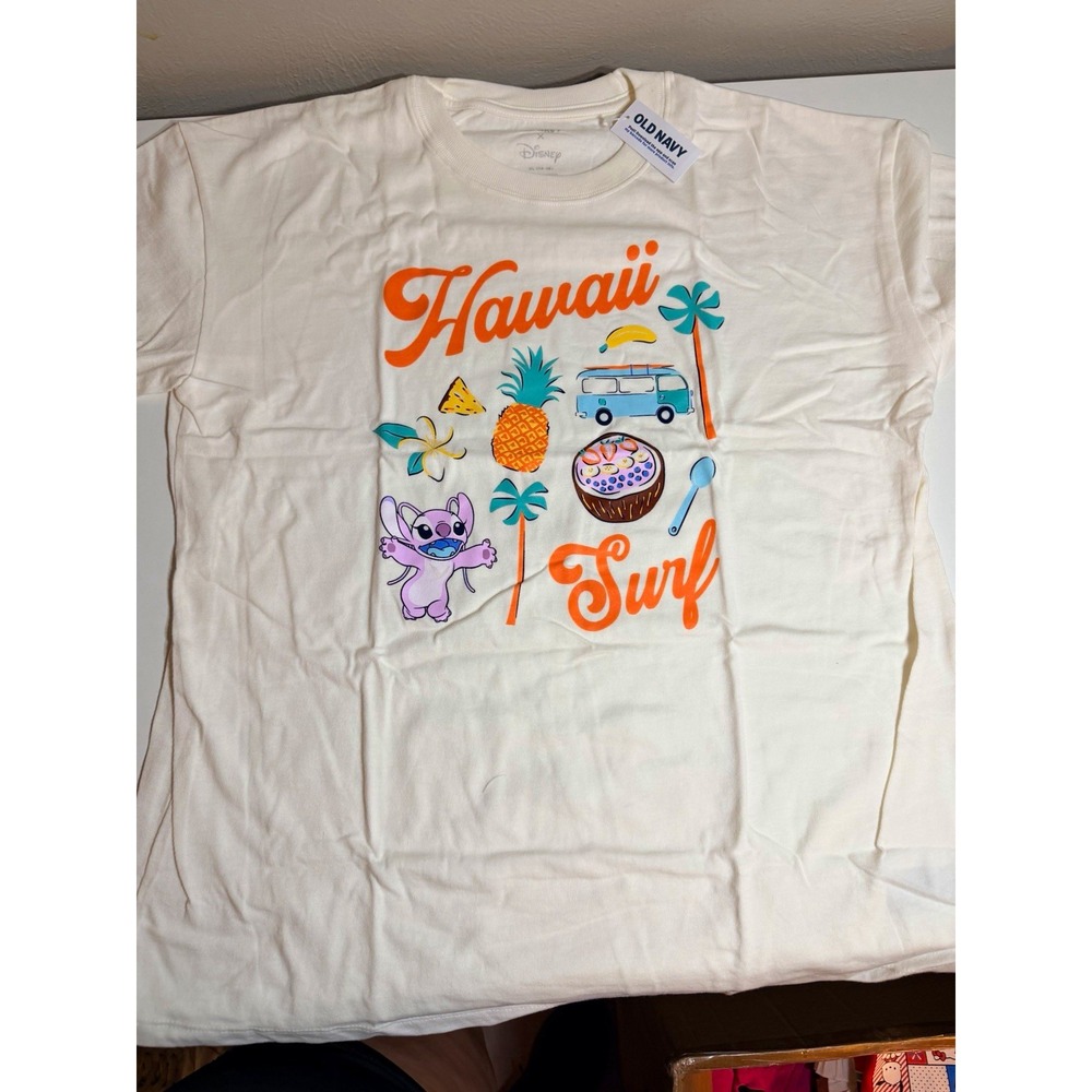 Old Navy Disney Stitch Hawaii Surf Graphic Knit T-Shirt Cream Girls XL 14-16
